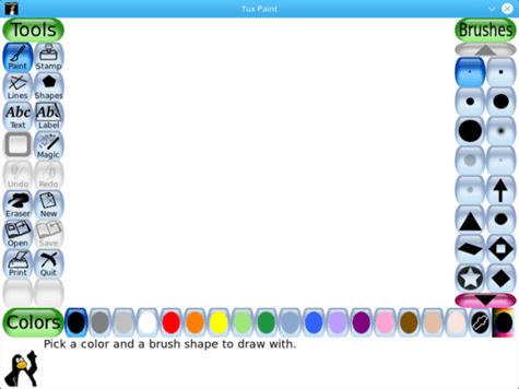 Captura de tela do aplicativo Tux Paint, com paleta de cores e carimbos.