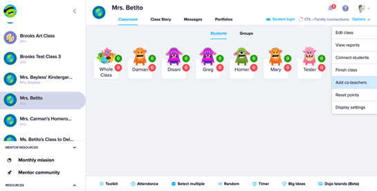 Captura de tela da plataforma ClassDojo, com avatares dos alunos.