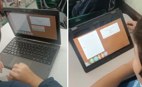 Dois tablets lado a lado exibindo atividades de leitura da suíte GCompris.
