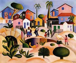 Pintura de Tarsila do Amaral em cores vivas: casas coloridas no alto de um morro de terra clara, com moradores, crianças, animais, palmeiras e cactos.