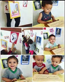 Montagem de fotos: bebês sentados às mesinhas mexem em teclados de papel, diante de retratos de compositores e do desenho de uma orelha na parede.