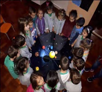 Crianças em roda, numa sala escura, olham para um móbile do sistema solar com o Sol amarelo no centro e os planetas em volta.