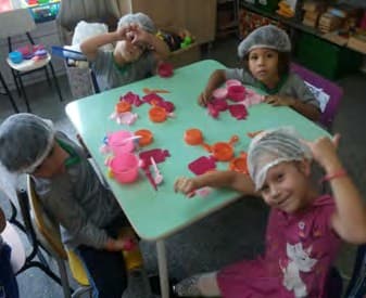 Crianças de touca de cozinha em volta de uma mesa com panelinhas e massinha de modelar.
