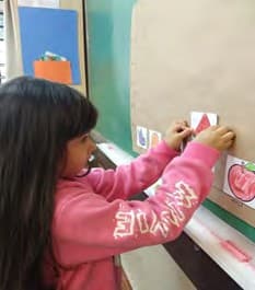 Uma menina de blusa rosa cola figuras de frutas num gráfico preso à parede.