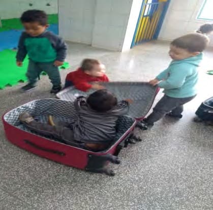 Crianças em volta de uma mala de viagem aberta; uma delas está sentada dentro dela.