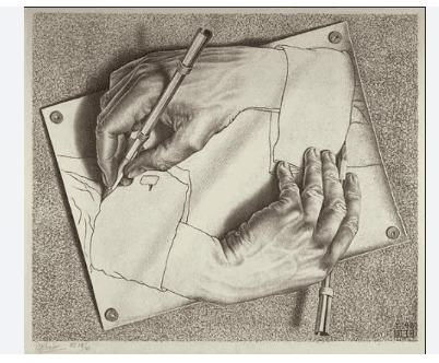 Obra Mãos de desenho, de M. C. Escher: duas mãos desenhando uma à outra.
