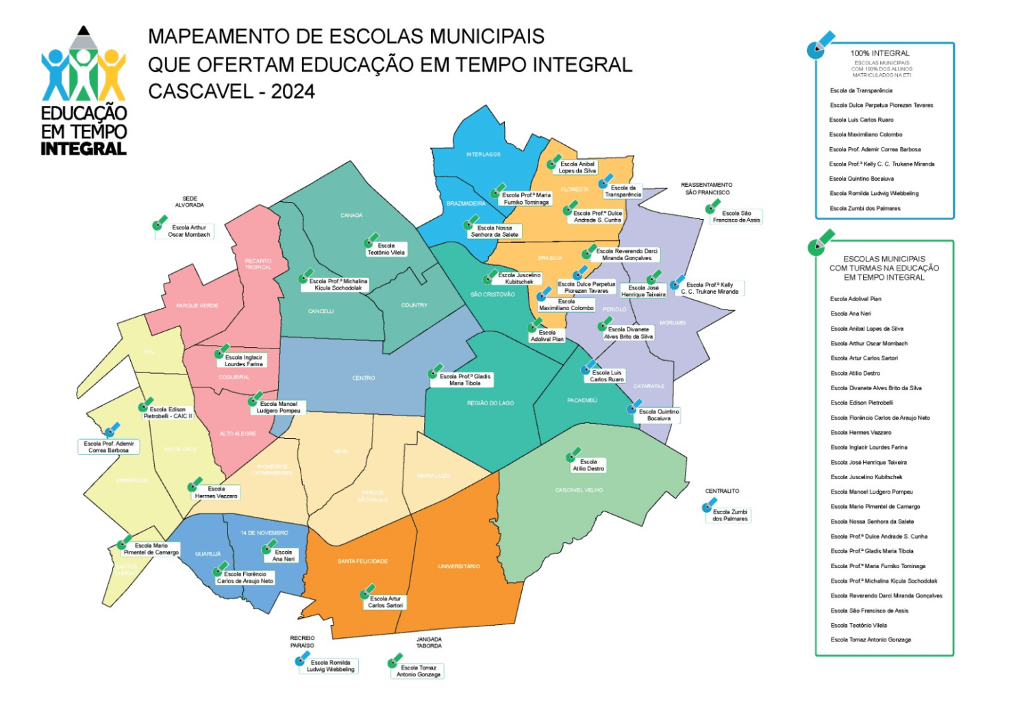Mapa de Cascavel com a localização das escolas municipais que ofertavam Educação em Tempo Integral em 2024.